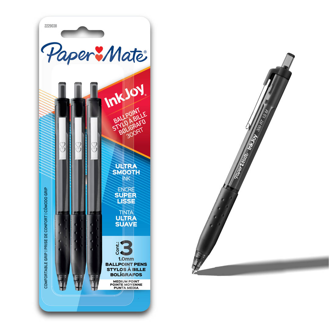 Stylos bille rtractables PaperMate InkJoy 300RT, pointe moyenne (1,0mm), noir, 3units