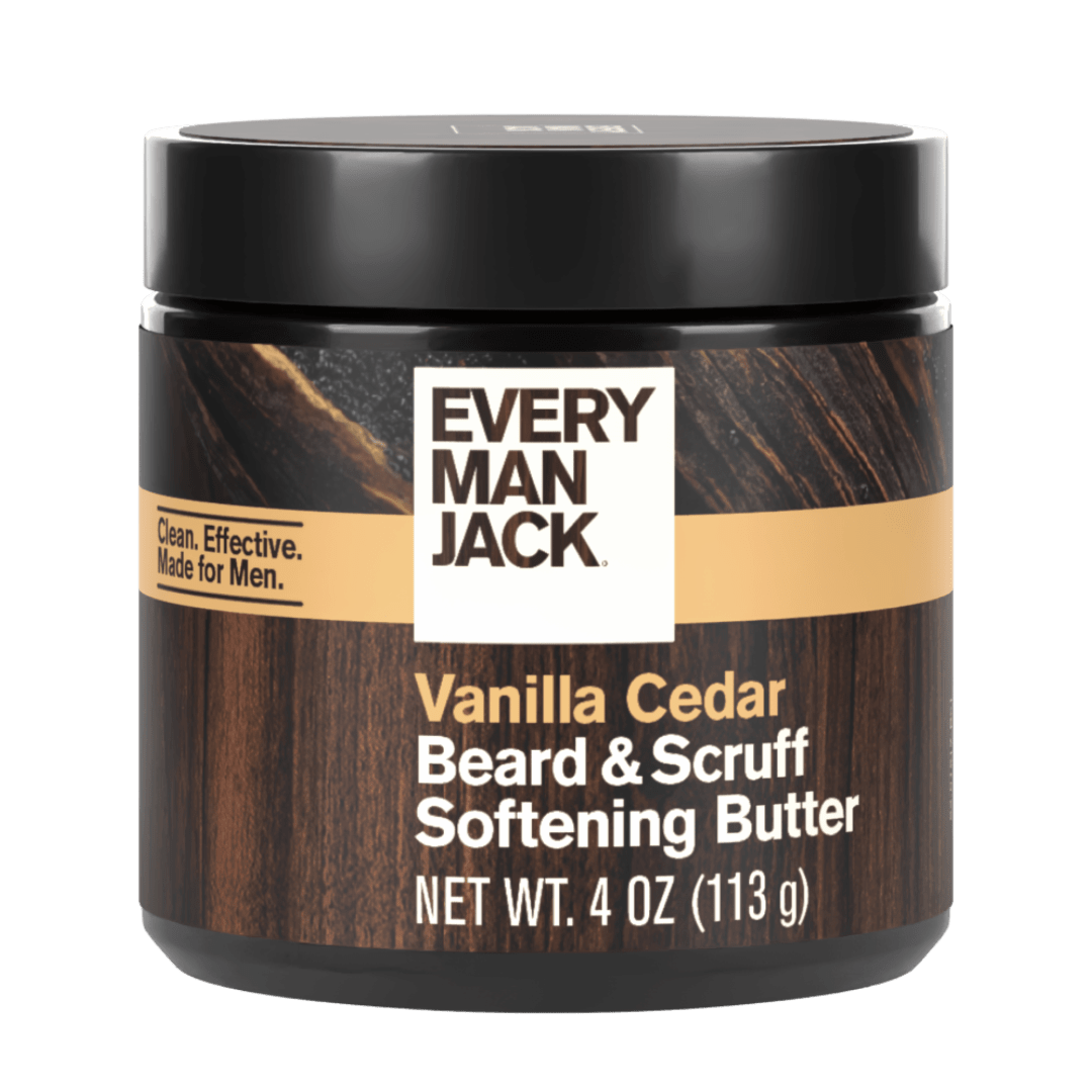 Every Man Jack Beard & Scruff Softening Butter - Vanilla & Cedar Fragrance - Hydrates and Styles Dry, Unruly Beards While Relieving Itch - Naturally Derived w/ Shea Butter & Coconut Oil - 4 oz
