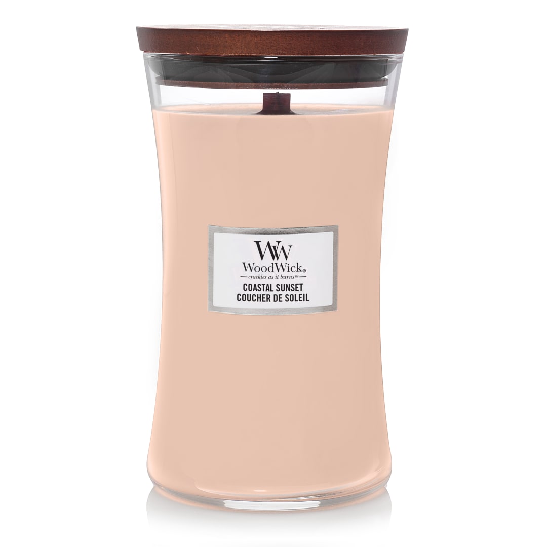 WoodWick Vela perfumada hourglass grande| Atardecer costero | con mecha crepitante | Velas de larga duración: hasta 130 horas | Regalos perfectos para mujeres