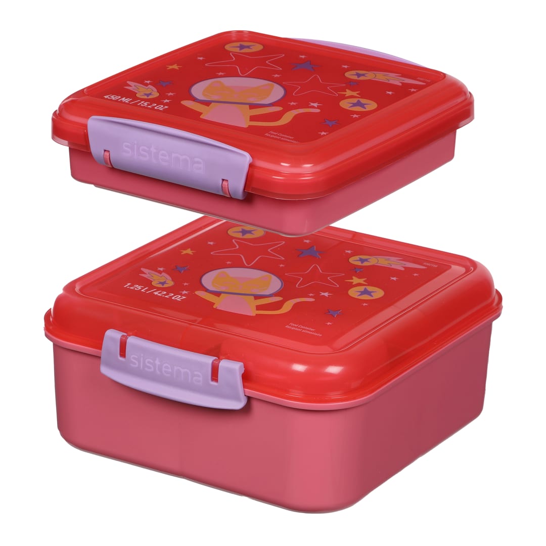 Sistema Expressions Set de Fiambreras Infantiles | Bento Cube (1,25L) y Caja para Sándwich (450ml) | Space Kitty Popsicle