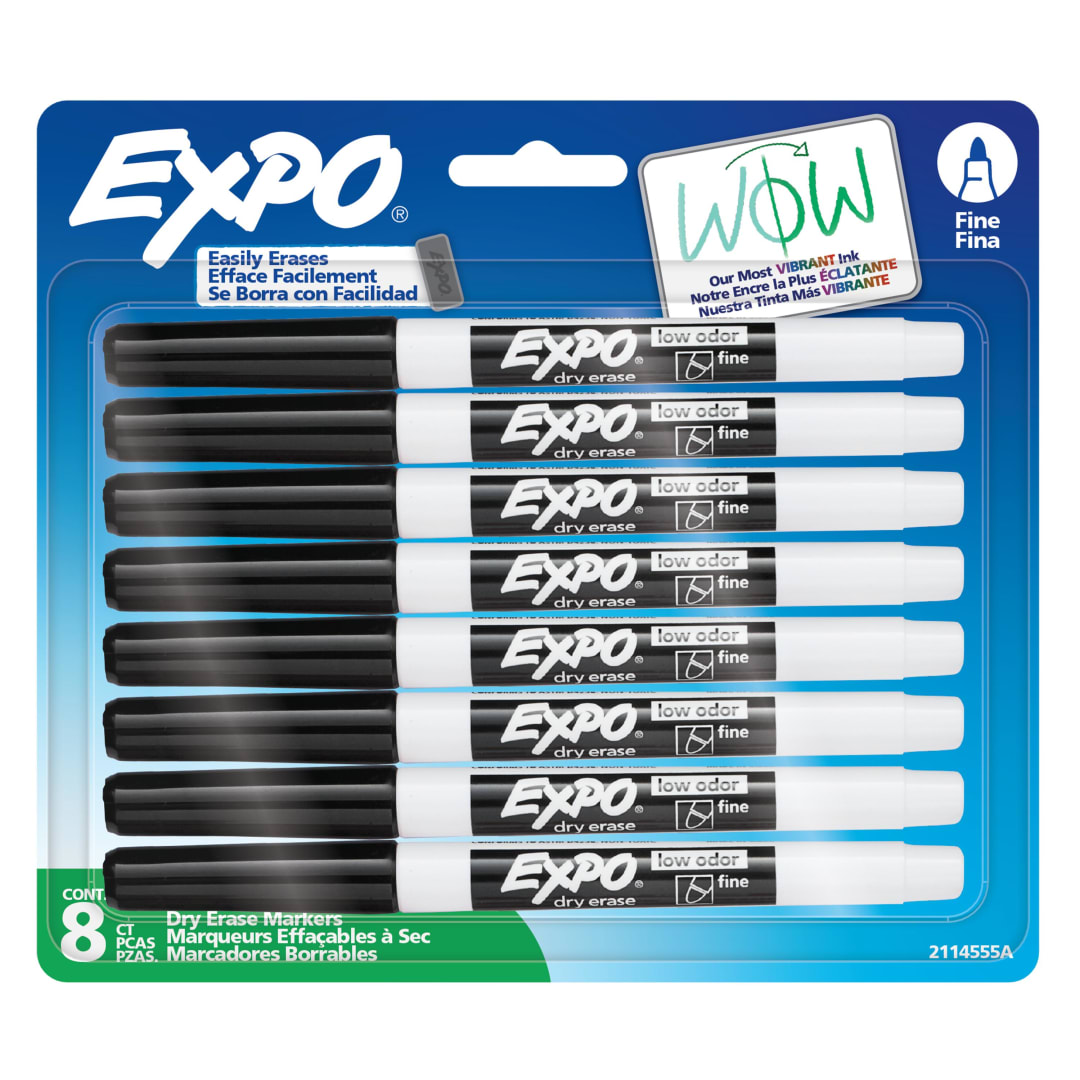 EXPO Dry Erase Markers, Low Odor Ink, Black, Fine Tip, 8 Count