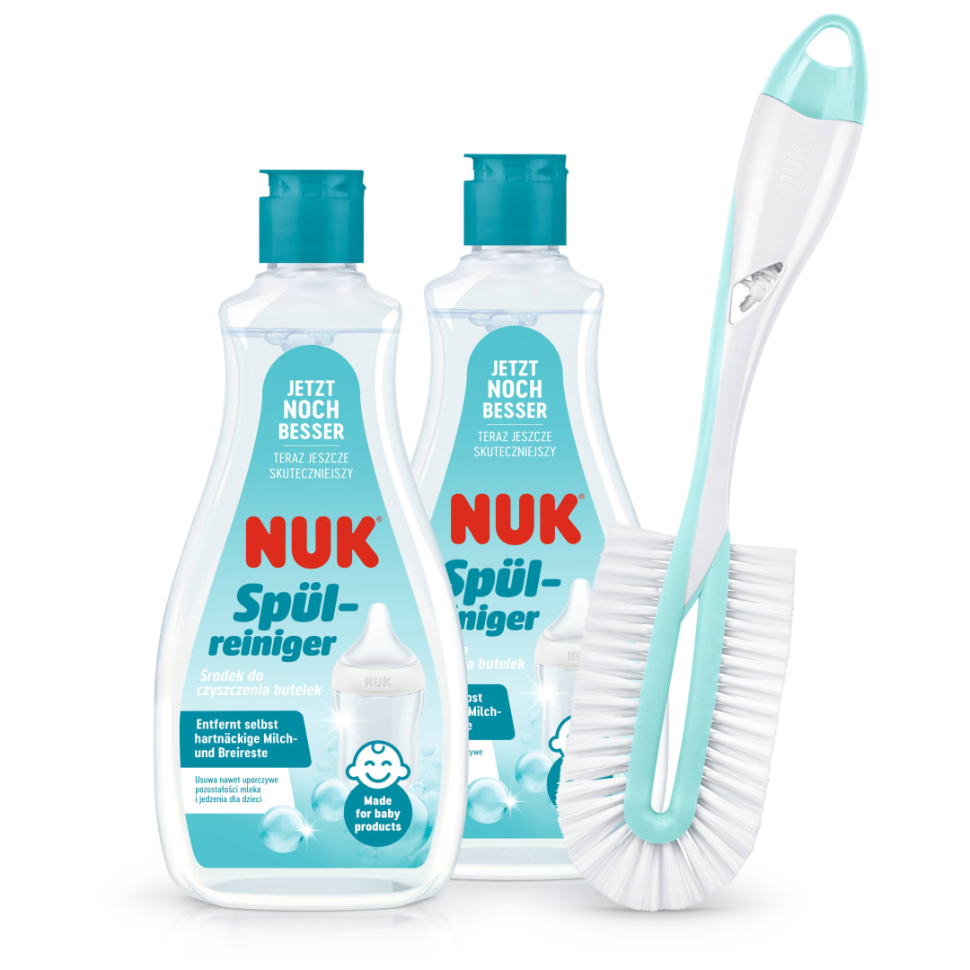 NUK Detergente para biberones y escobilla para biberones | 2 botellas de detergente para biberones, 1 escobilla para tetinas y biberones | 500 ml | Ideal para limpiar biberones, tetinas y accesorios