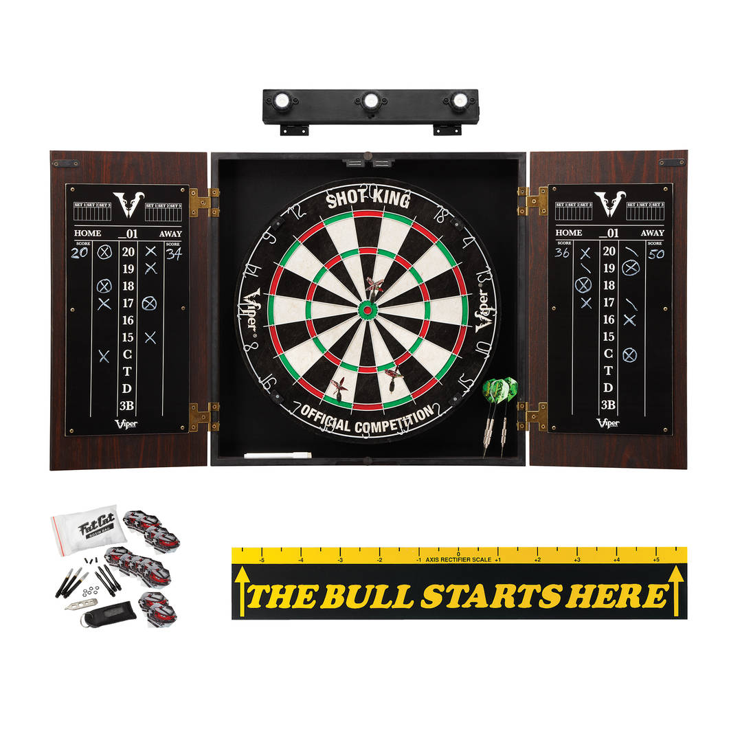 Viper Stadium Cabinet with Shot King Sisal Dartboard, Shadow Buster Dartboard Lights, "The Bull Starts Here" Throw Line Marker & Steel Tip Dart Accessories Kit
