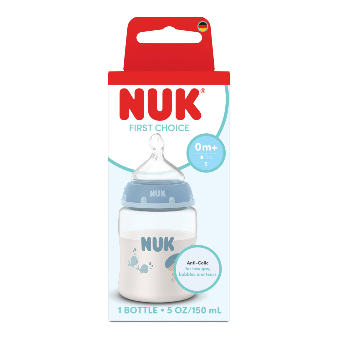 NUK First Choice Baby Bottle, 0+ Months, 150 ml, Anti Colic Feeding Bottle, Plastic, Temperature Control Indicator, Whale, 1 Count