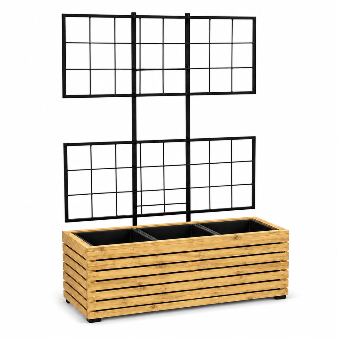 Modern Indoor/Outdoor 31.89 in. Golden Teak Acacia Wood Wide Raised Planter Box with Trellis