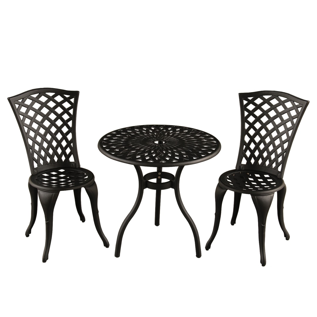 Contemporary Modern Mesh Lattice Outdoor Patio Garden Aluminum 3 Piece Bistro Set in Sand Black