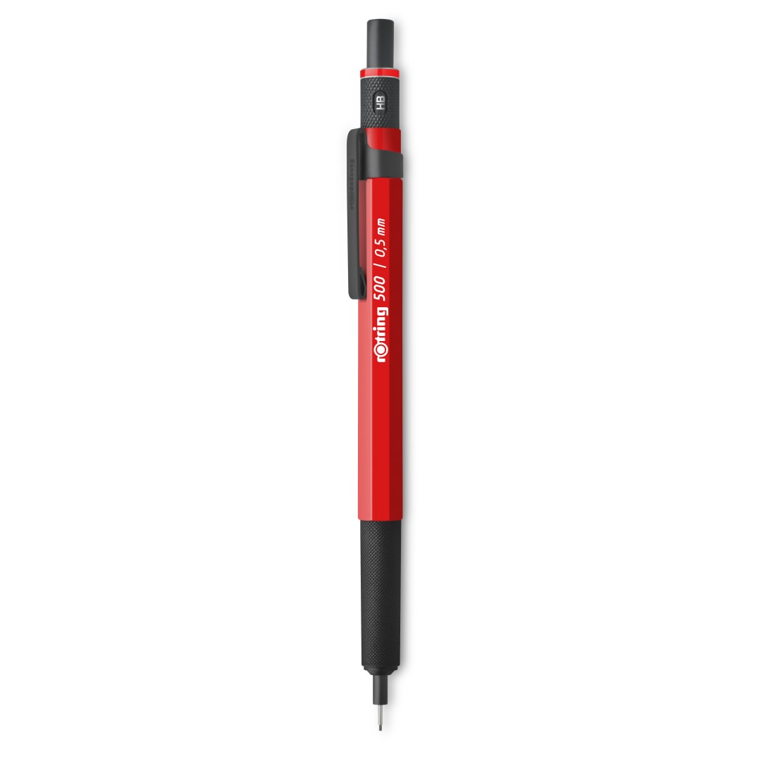 rOtring 500 Portaminas | Mina HB de 0,5 mm | Cuerpo hexagonal de plástico rojo con empuñadura metalizada antideslizante y texturizado