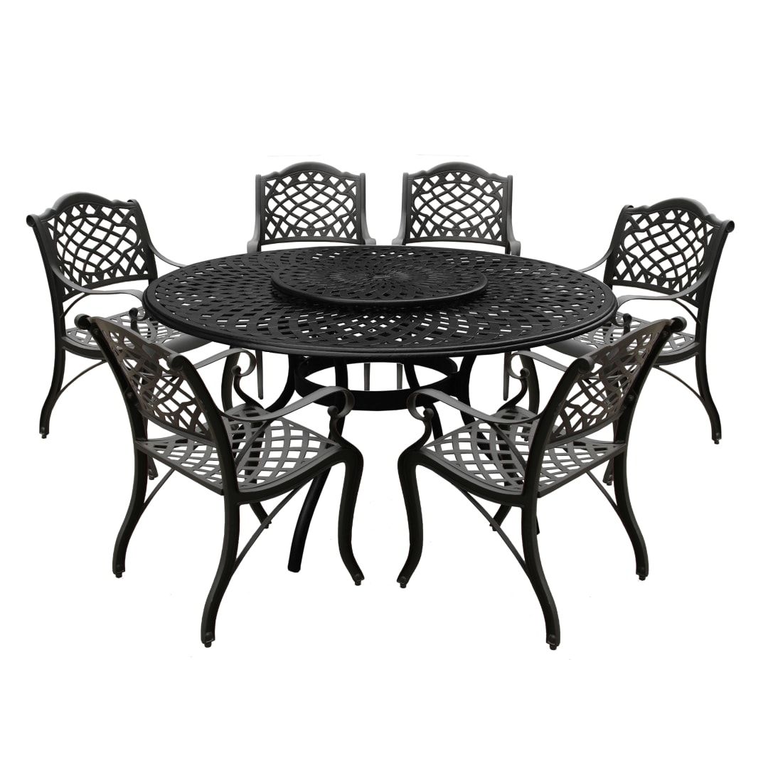 Modern Ornate Outdoor Mesh Aluminum 59-in Large Black Round Patio Dining Set with Lazy Susan and Six Chairs