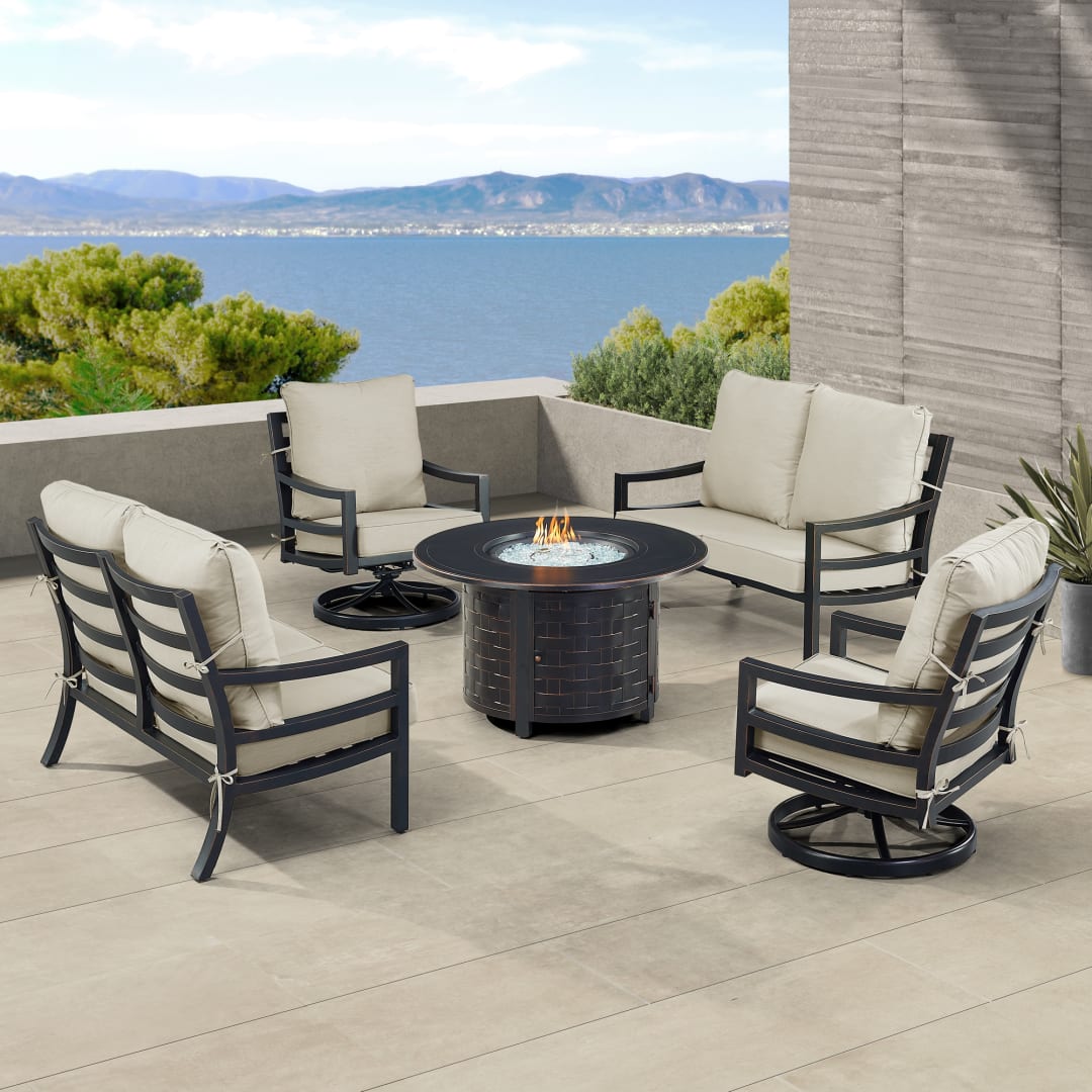 Black Aluminum Patio Fire Table Set with Two Deep Seating Loveseat with Cushions and Two Club Chairs