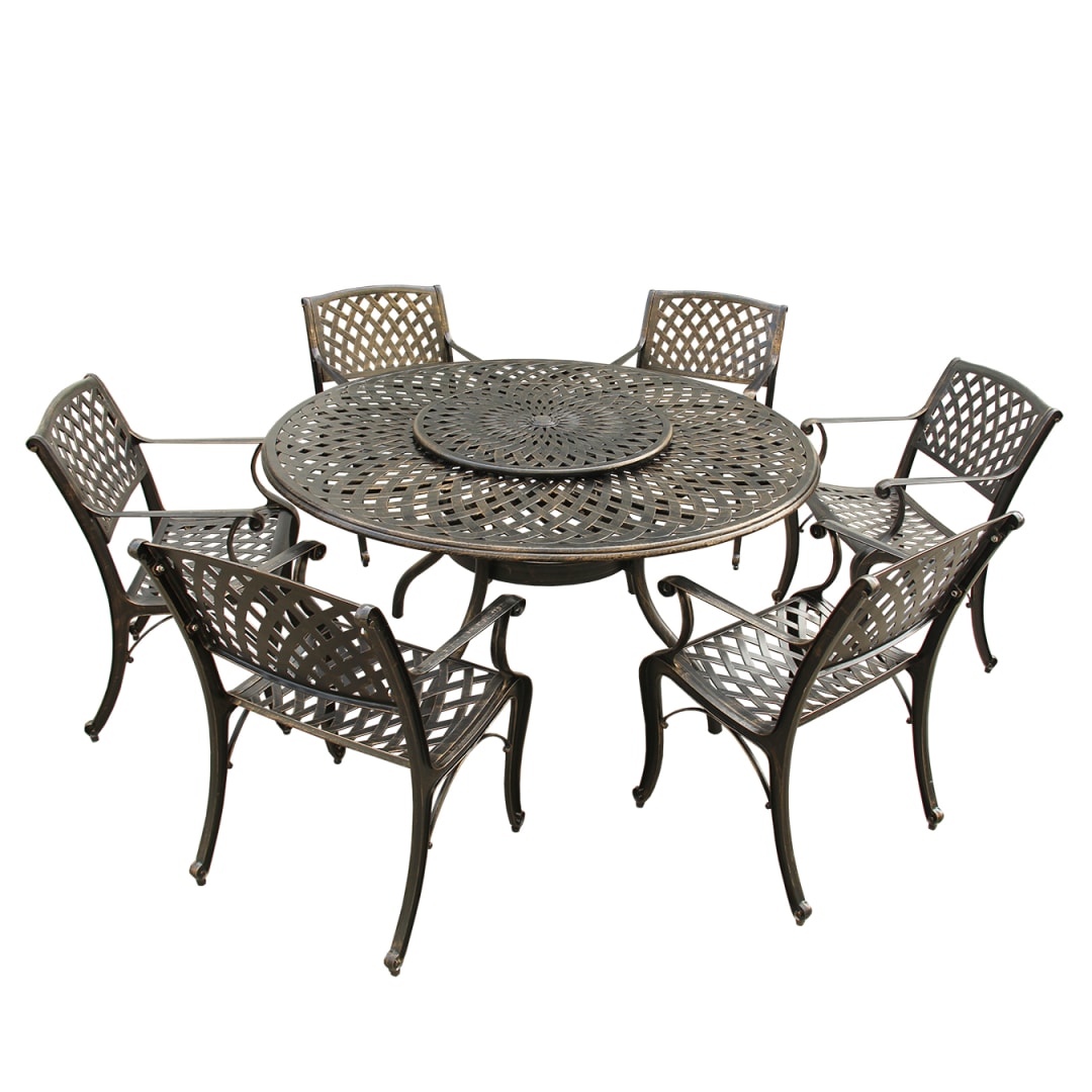 Contemporary Modern Outdoor Mesh Lattice Aluminum 59 inch Bronze Round Dining Set with Lazy Susan and Six Chairs