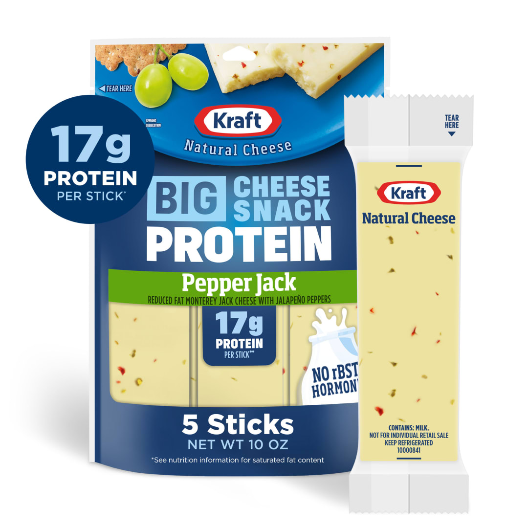Kraft Natural Cheese Protein Reduced Fat Pepper Jack Protein Big Stick 10 oz Bag (5-2oz Sticks)
