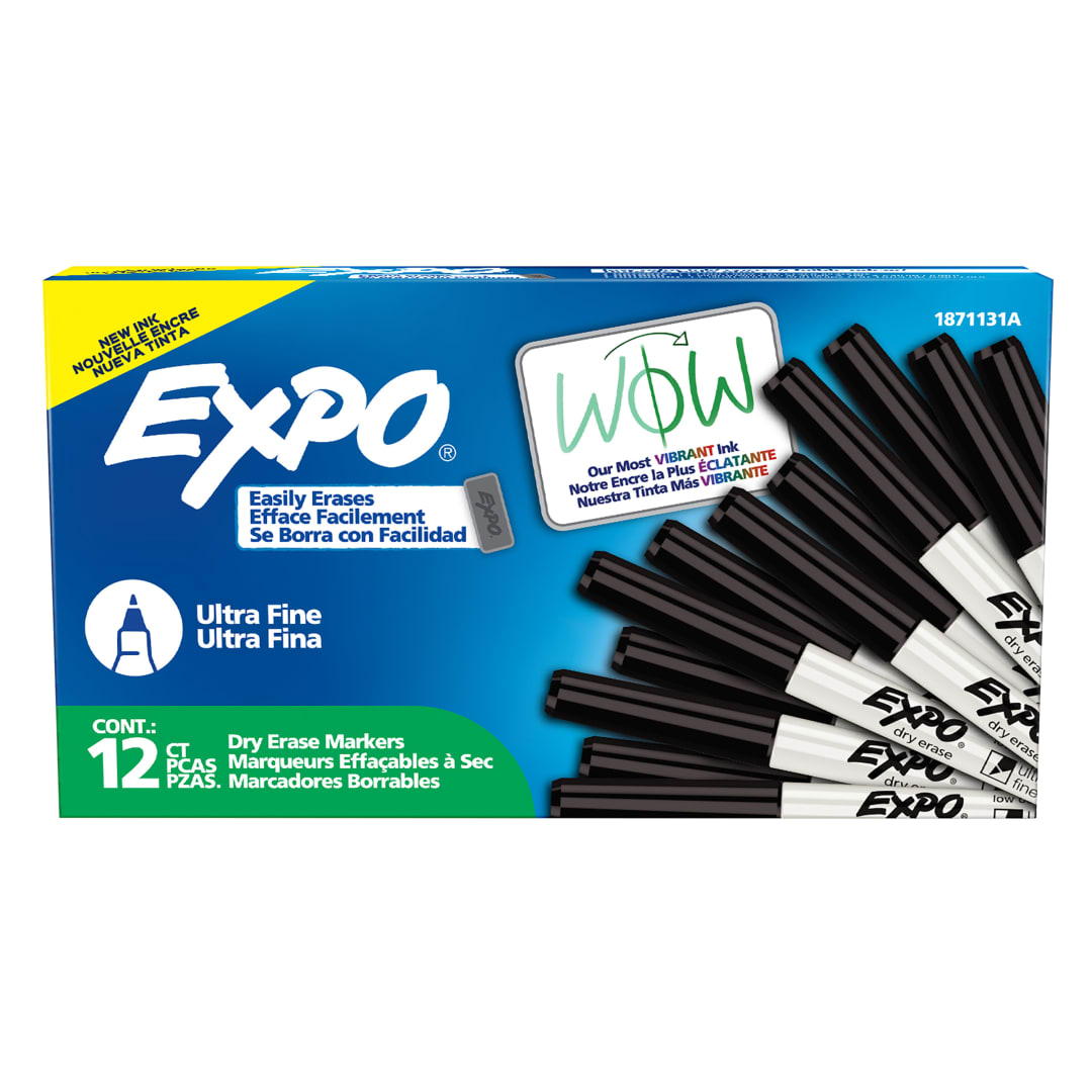 EXPO Dry Erase Markers, Low Odour Ink, Black, Ultra Fine Tip, 12 Count