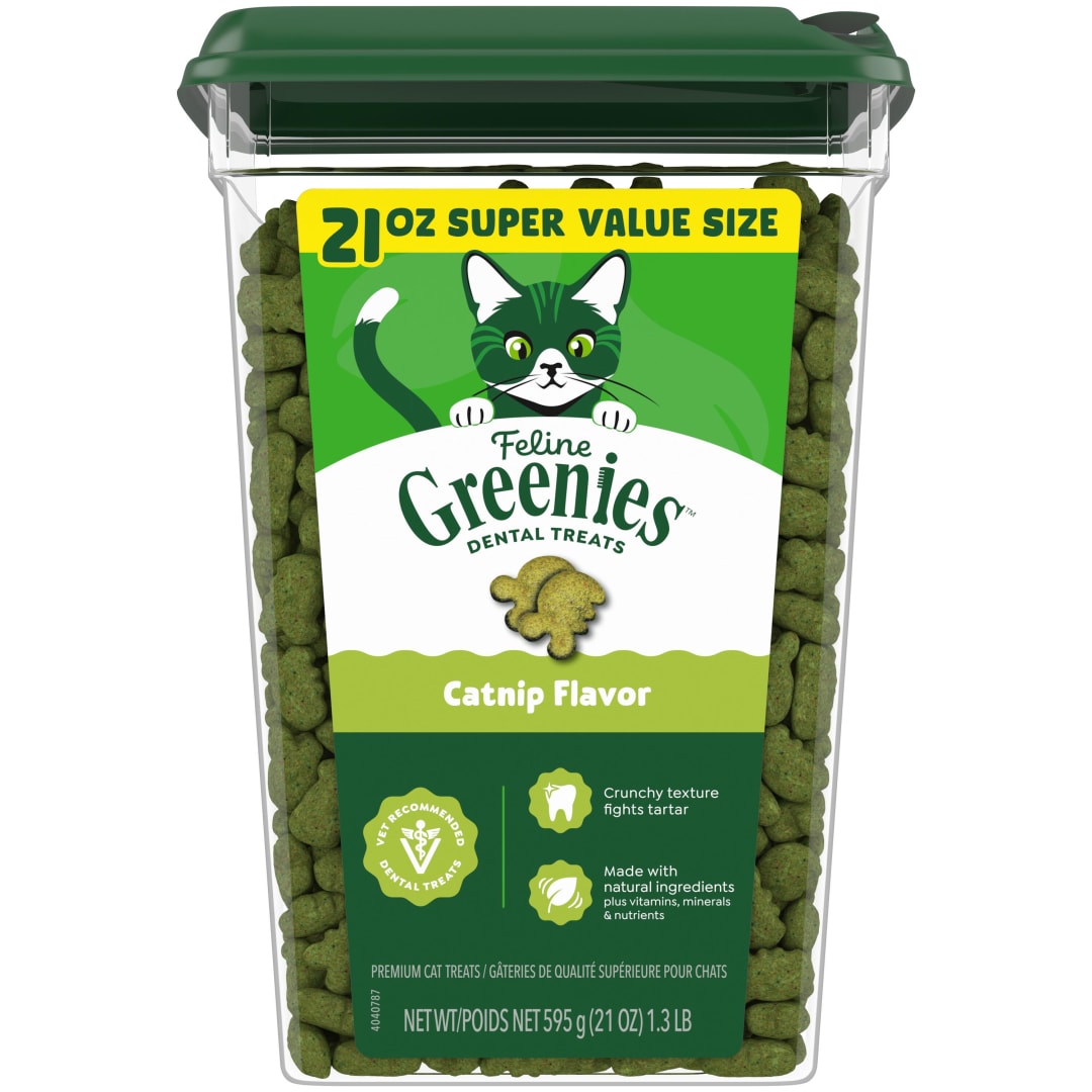 FELINE GREENIES Natural Dental Care Cat Treats Catnip Flavor, 21 oz. Tub