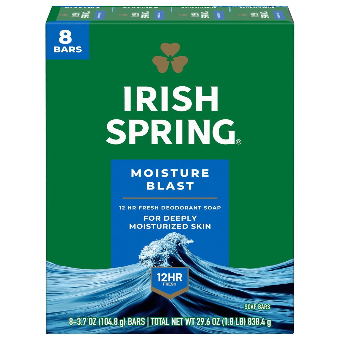 Irish Spring Moisture Blast Deodorant Bar Soap for Men, 12 Hour Fresh Deodorant Soap, 3.7 oz Bar (8 Pack)