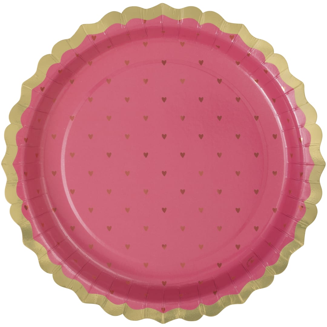 Red &amp; Pink Valentines Scalloped Edge Round 9" Dinner Plates, 8ct - Foil Board
