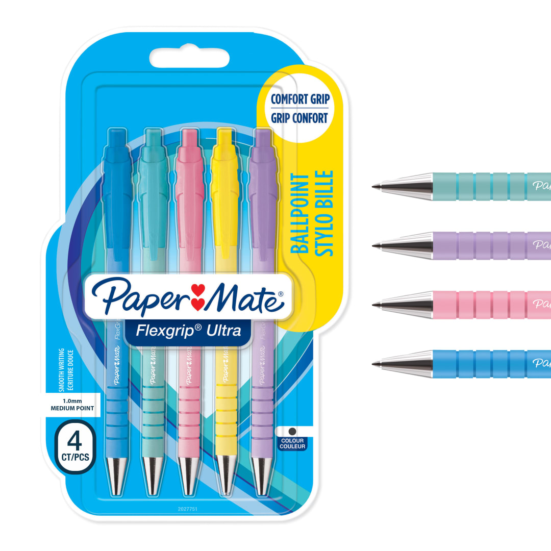 Paper Mate Flexgrip Ultra bolígrafos pastel retráctil | punta mediana (1,0 mm) | tinta negra | paquete de 5