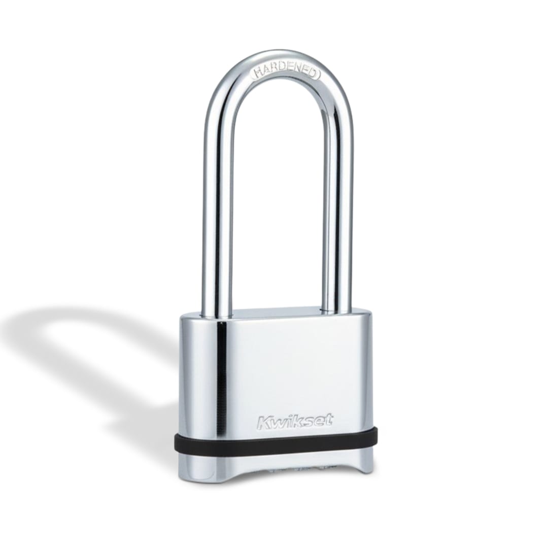 Kwikset Zinc Resettable 4-Digit Combination Padlock for Outdoor Gate Storage and Gym Locker Lock with 2 in Body 2-1/4 in Hardened Steel Shackle Chrome Finish 1 Pack