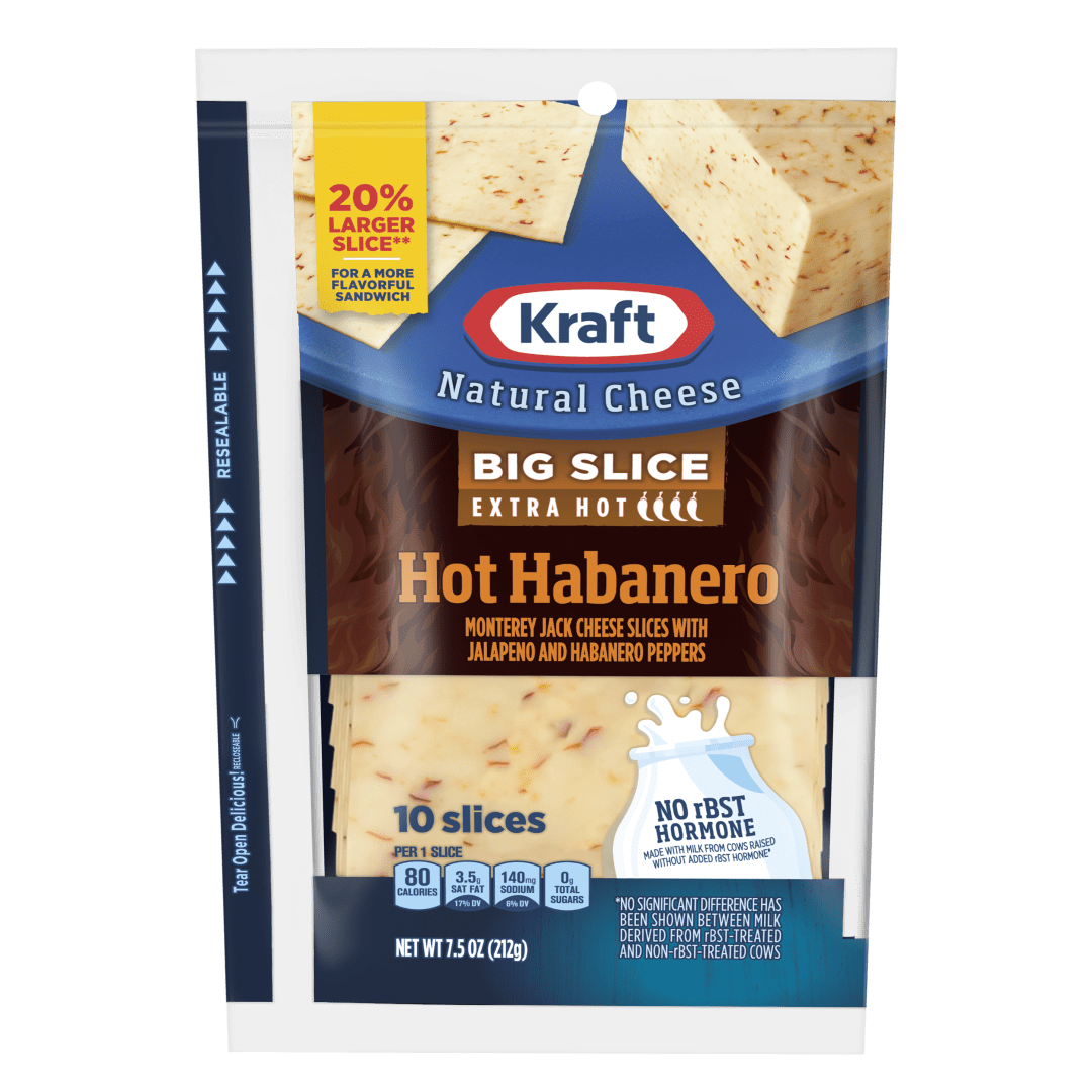 Kraft Big Slice Hot Habanero Monterey Jack Cheese Slices with Extra Hot Jalapeno &amp; Habanero Peppers, 10 ct Pack