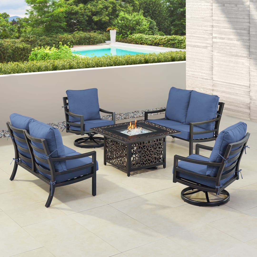 Black Aluminum Patio Fire Table Set with Two Deep Seating Loveseat with Cushions and Two Club Chairs