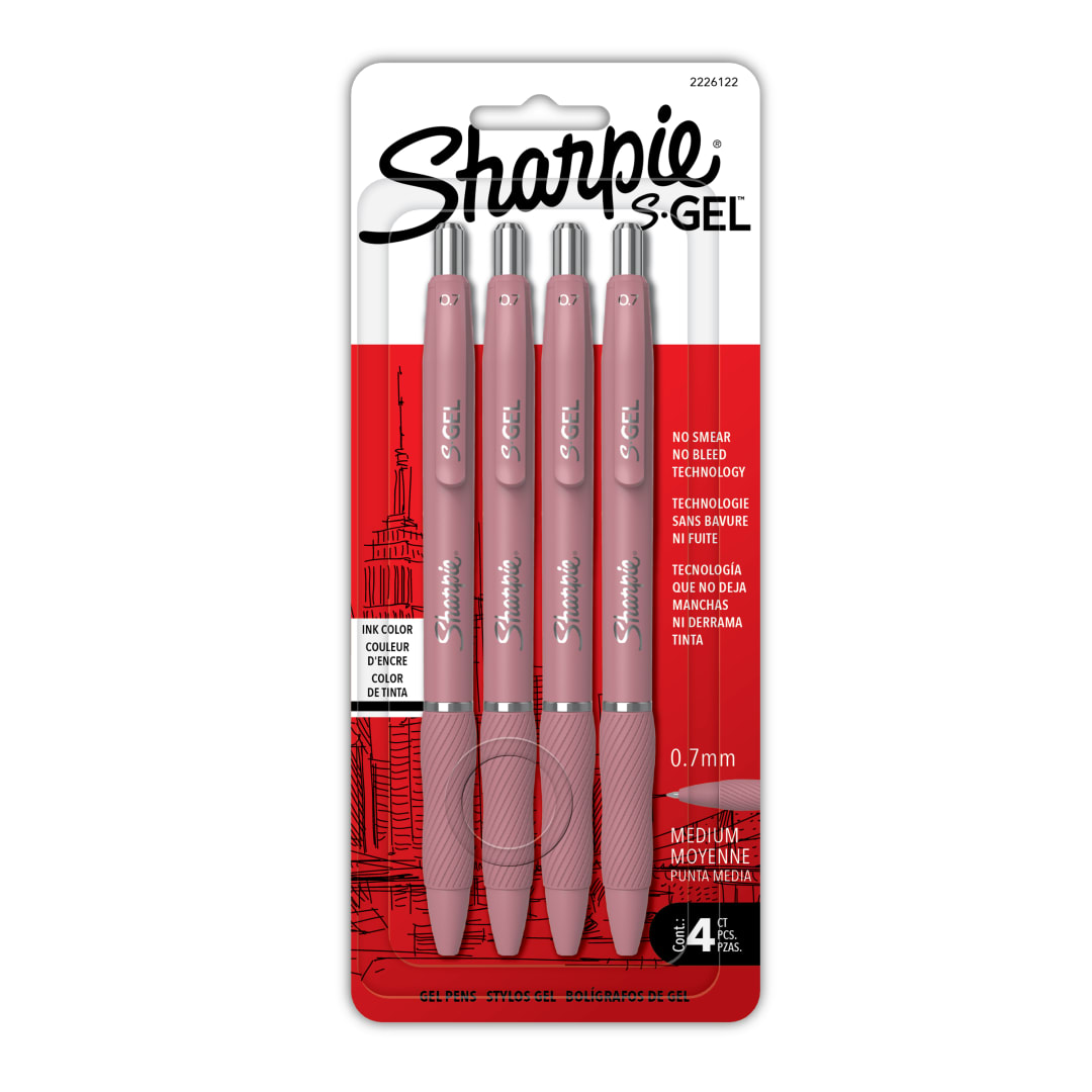 Sharpie S-Gel, Gel Pens, Medium Point (0.7mm), Bold Blush Barrel, Black Ink, 4 Count