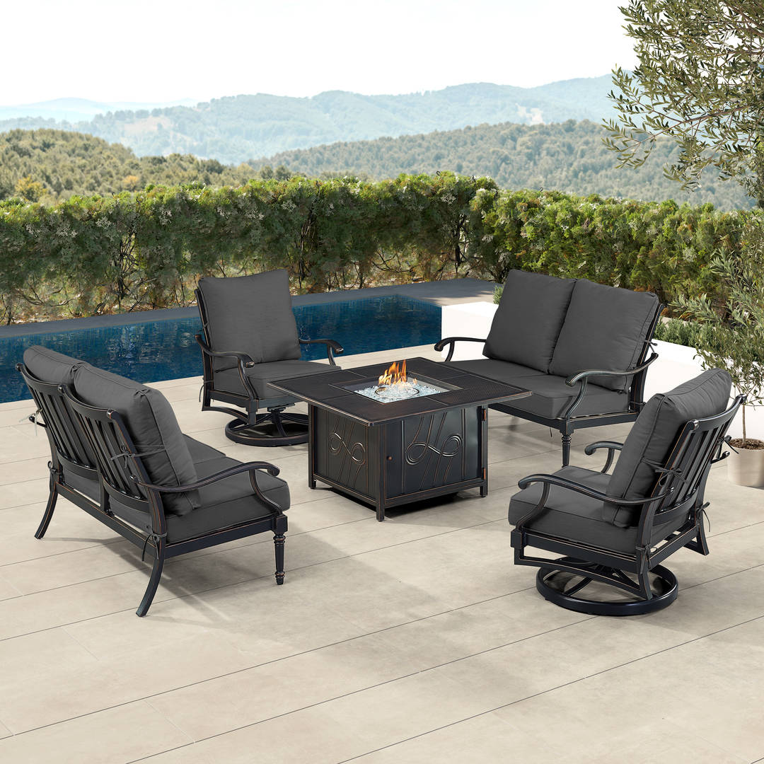 Black Aluminum Patio Fire Table Set with Two Deep Seating Loveseat with Cushions and Two Club Chairs