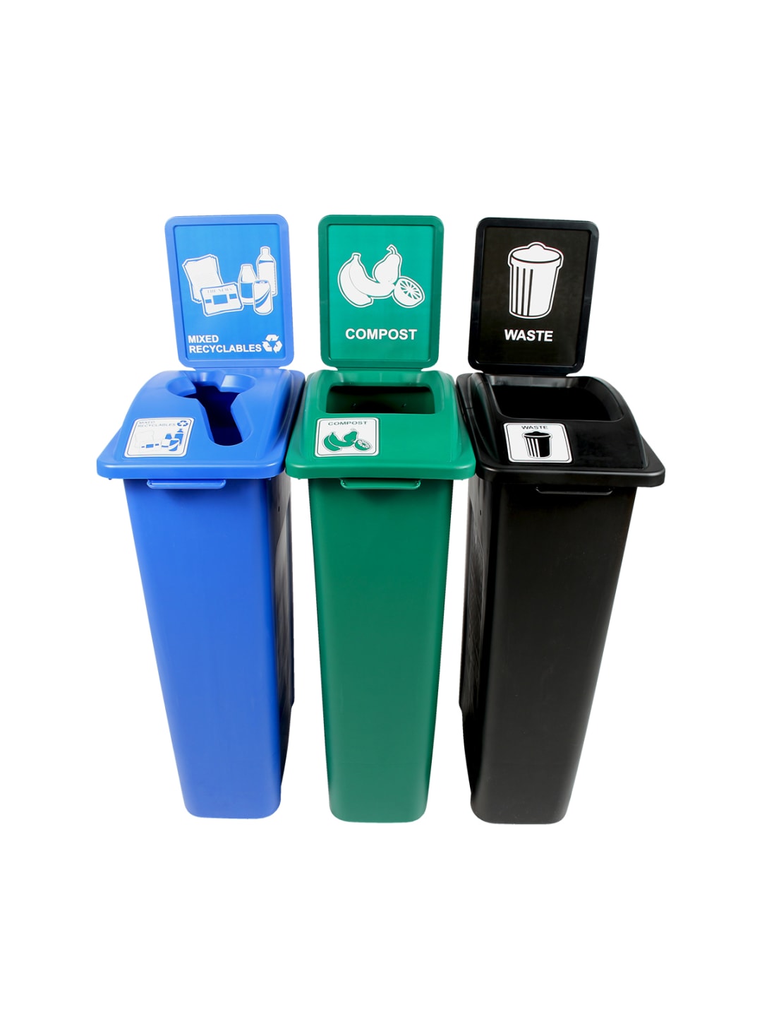 WASTE WATCHER - Triple - Kit - Mixed Recyclables-Compost-Waste - Mixed-Full - Blue-Green-Black