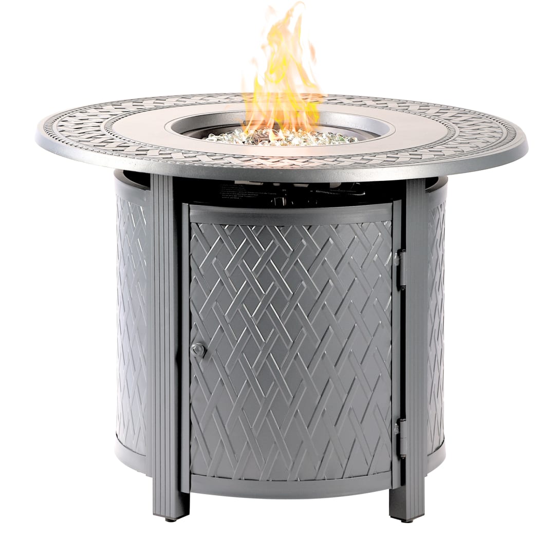 Round 34 in. x 34 in. Aluminum Propane Fire Pit Table with Glass Beads, Two Covers, Lid, 37,000 BTUs in Grey Finish