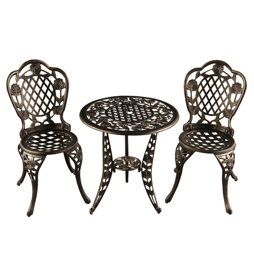 Rose Ornate Traditional Outdoor Patio Garden Aluminum 3 Piece Bistro Set in Bronze
