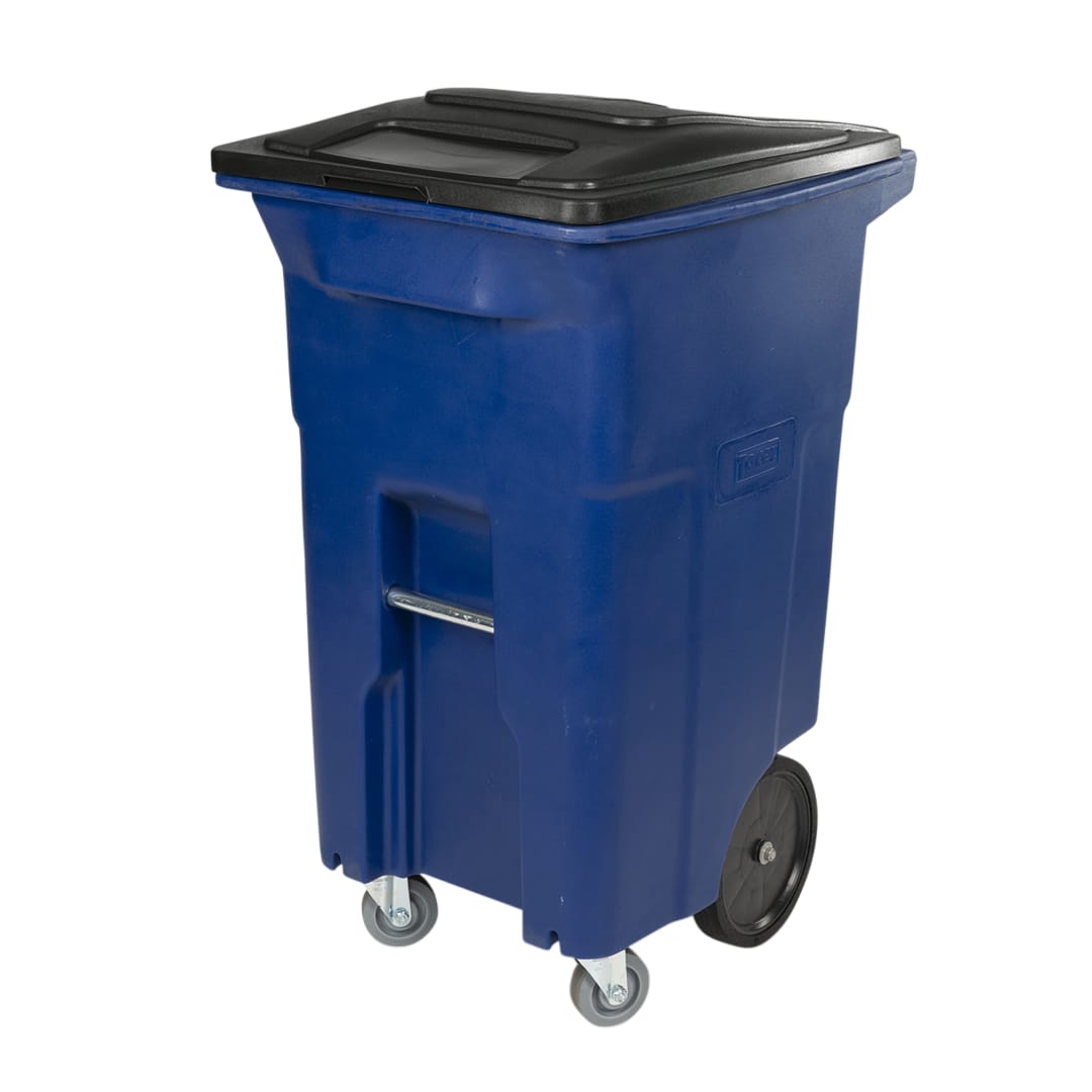 64 Gal. Blue Trash Can with Wheels and Lid (2 caster wheels 2 stationary wheels)