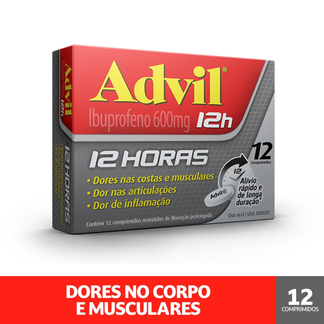 Advil 12h Analgésico com Ibuprofeno 600mg Alívio da Dor Muscular 12 Comprimidos