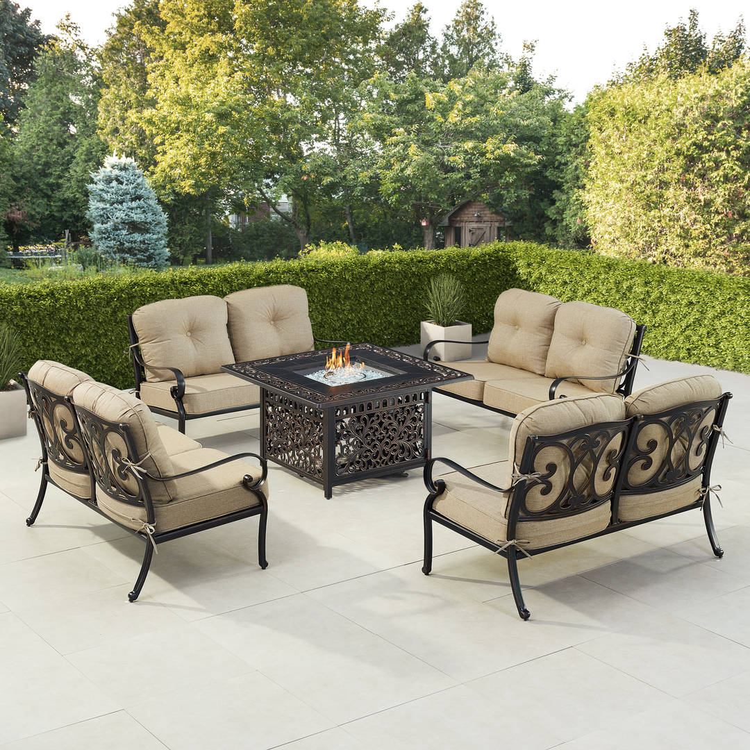 Black Aluminum Patio Fire Table Set with Four Deep Seating Loveseat with Cushions