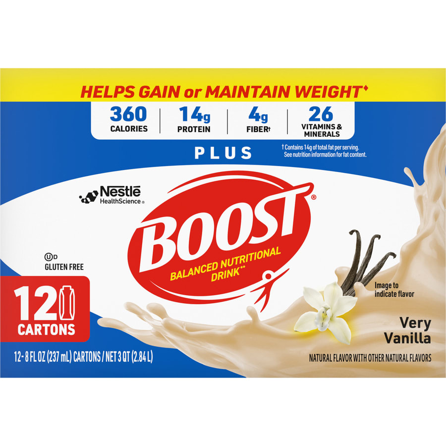 BOOST Plus Nutritional Drink Protein Shakes, Very Vanilla, 8 fl oz, 12 Pack