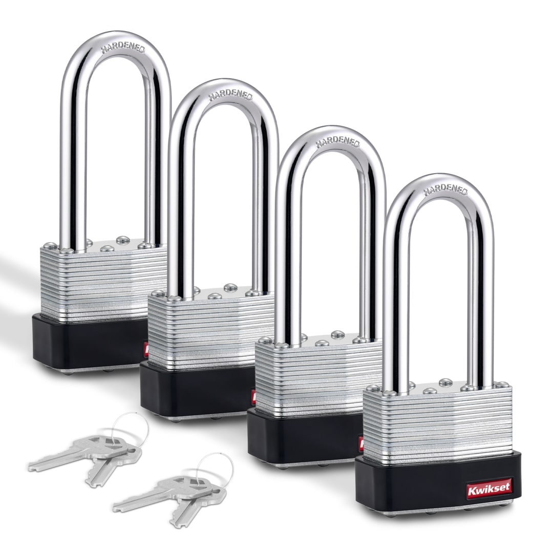 Kwikset Laminated Steel Padlock with Hardened Steel Shackle, 2 in Body, 2-1/2 in Shackle, 4 Pack