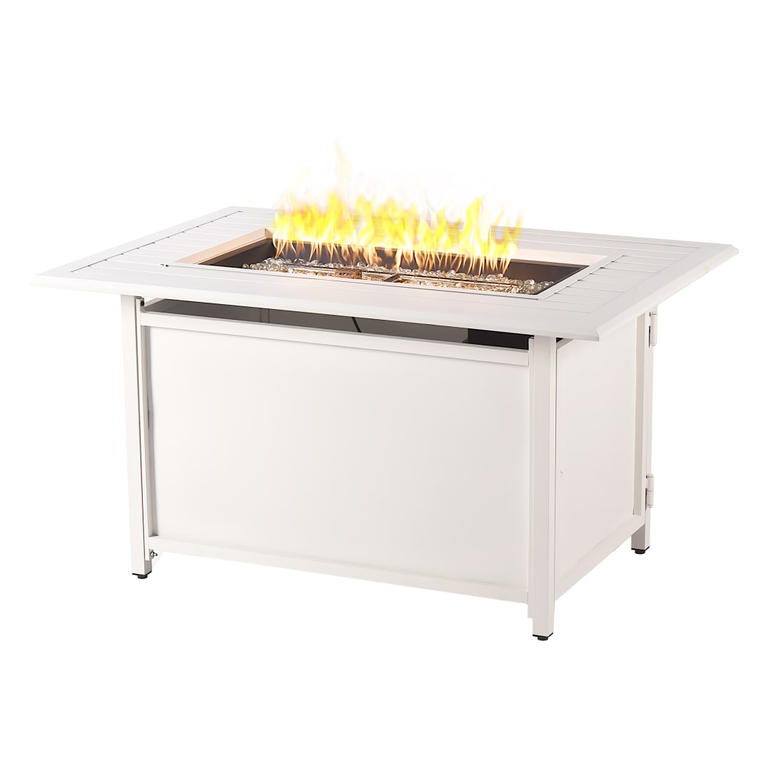 Rectangular 46 in. x 31 in. Aluminum Propane Fire Pit Table, Glass Beads, Two Covers, Lid, 55,000 BTUs in White Finish