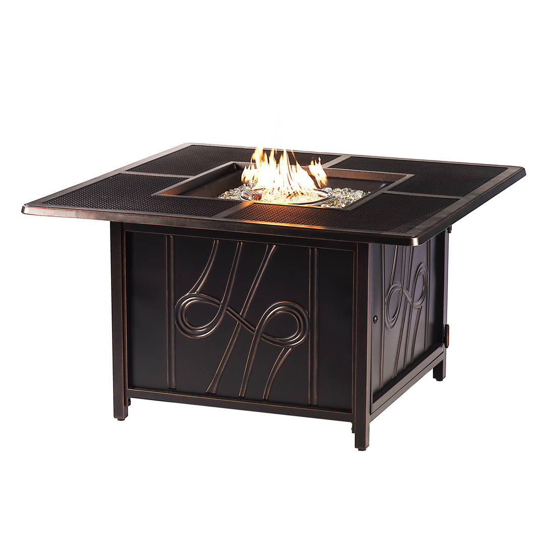 Aluminum Outdoor 42 in. Square Propane Fire Table with Fire Beads, Lid, Propane Tank Cover and Table Fabric Covers in Antique Copper Finish