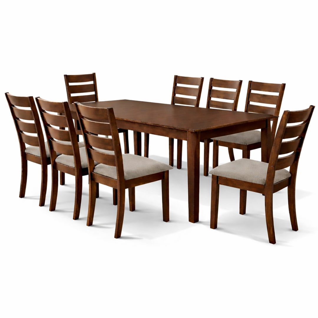 Traditional 9-Piece 78.7 Inch Rectangular Dining Set, Dirty Oak Finish with Greige Polyester Upholstered Chairs, Solid Rubberwood