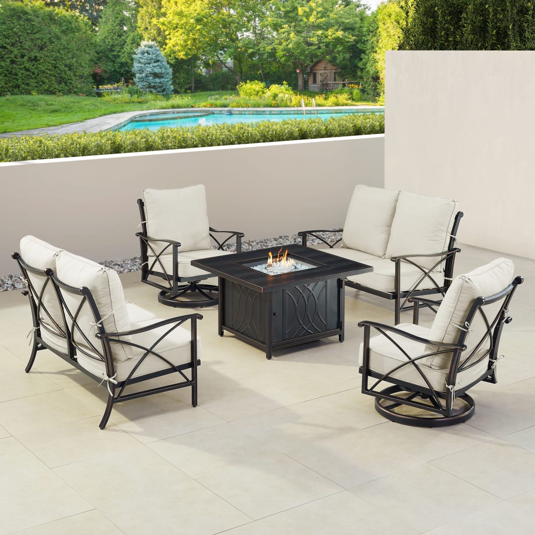 Black Aluminum Patio Fire Table Set with Two Deep Seating Loveseat with Cushions and Two Club Chairs