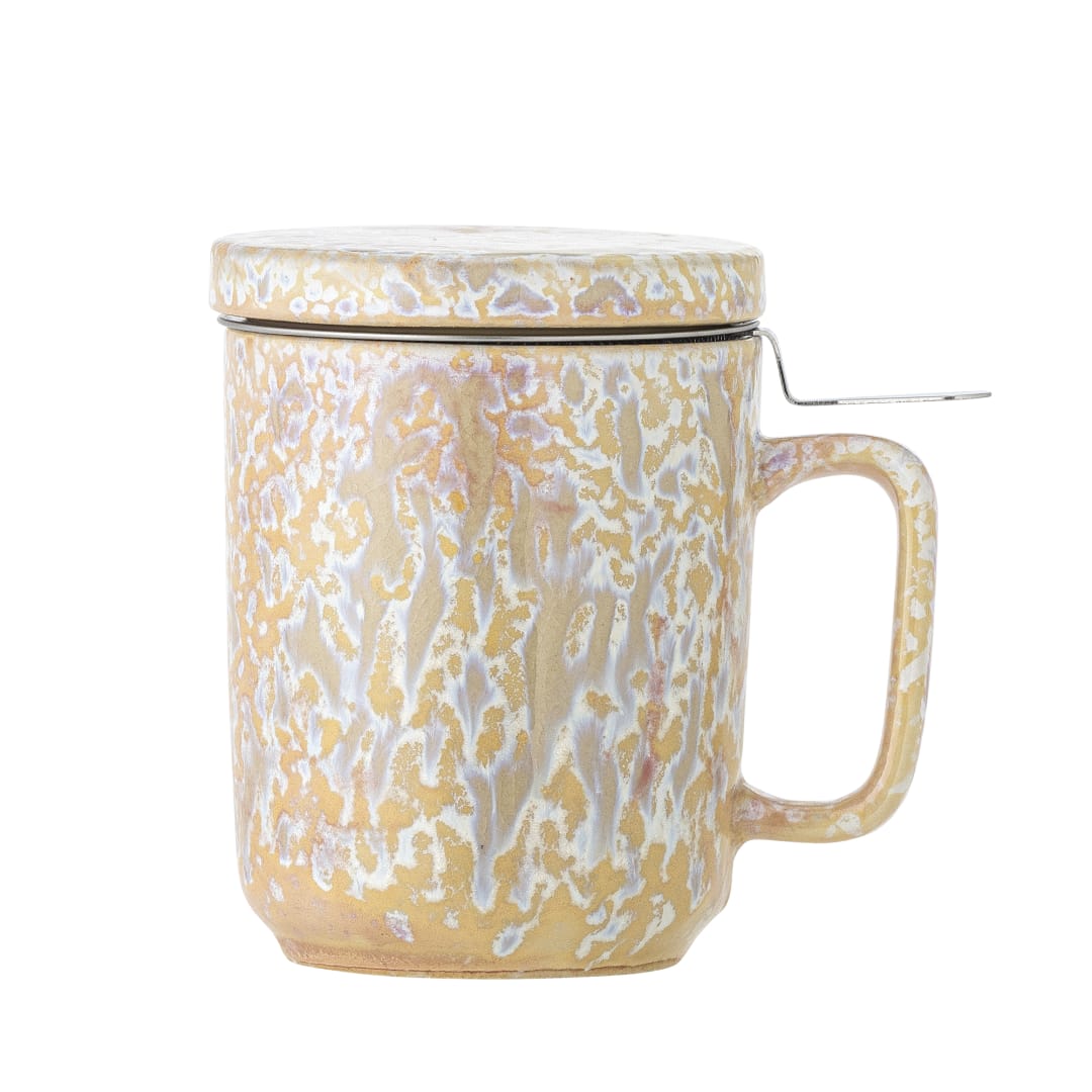 82061985 - Yuma Mug w/Lid and Strainer, Multi, Stoneware STOCK: 300
