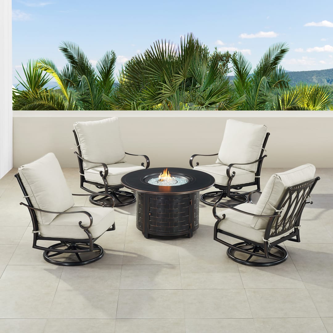 Black Aluminum Patio Fire Table Set with Four Club Chairs