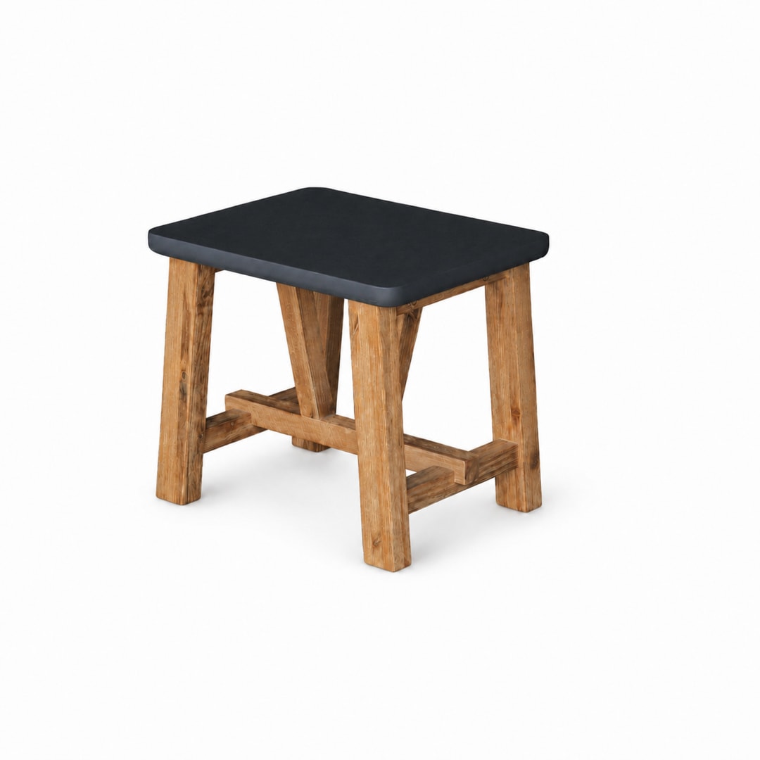 Modern Rustic Indoor/Outdoor Dark Grey Backless Concrete Fiber Dining Stool with Acacia Wood Base