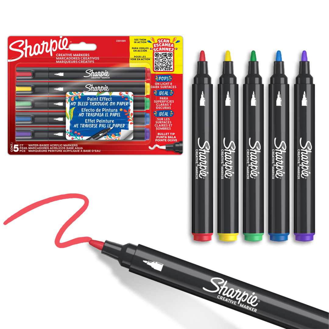 Sharpie Marcadores Creativos, Marcadores Acrlicos a Base de Agua, Punta de Bala, Colores Surtidos, 5 Piezas