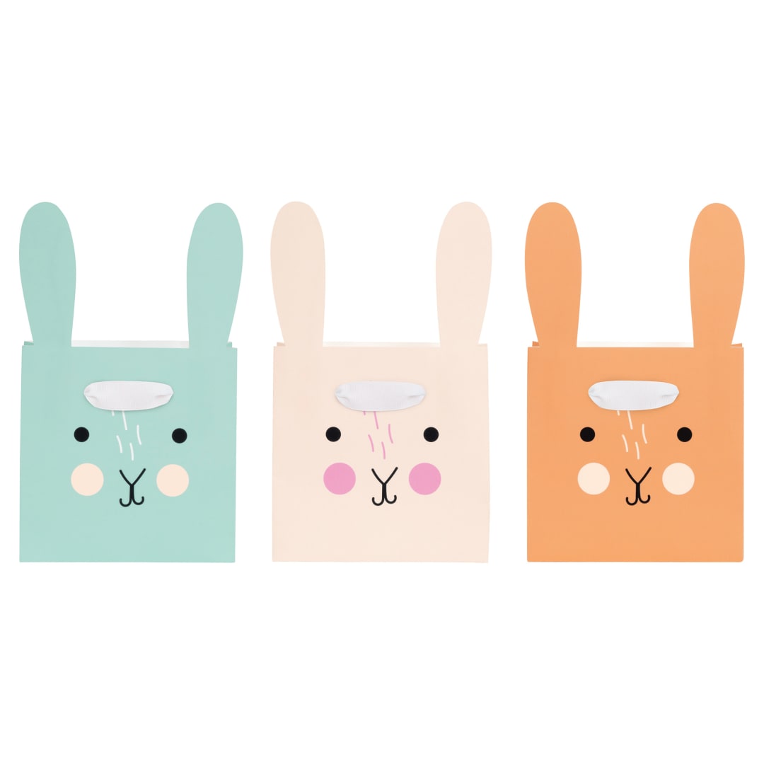 Assorted Bunny-Shaped Paper Treat Bags with Ribbon Handles, 3ct