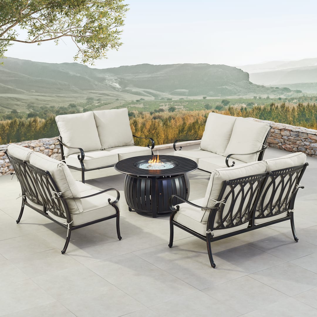 Black Aluminum Patio Fire Table Set with Four Deep Seating Loveseat with Cushions