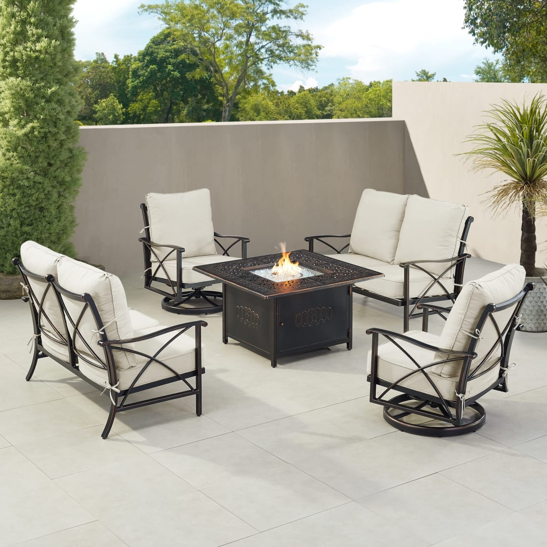 Black Aluminum Patio Fire Table Set with Two Deep Seating Loveseat with Cushions and Two Club Chairs