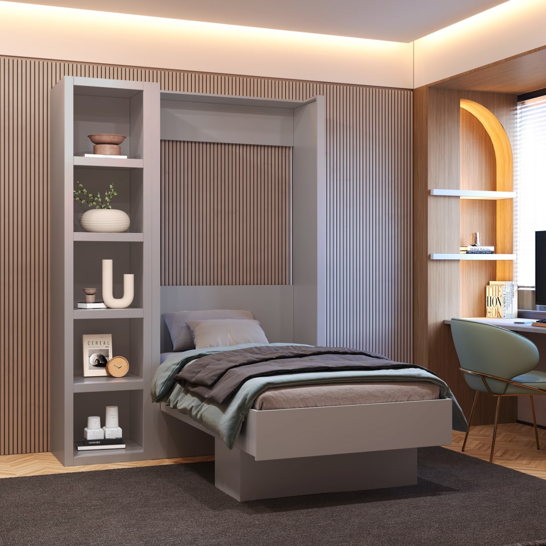 Easy-Lift Twin Murphy Wall Bed in Grey with Bookshelf