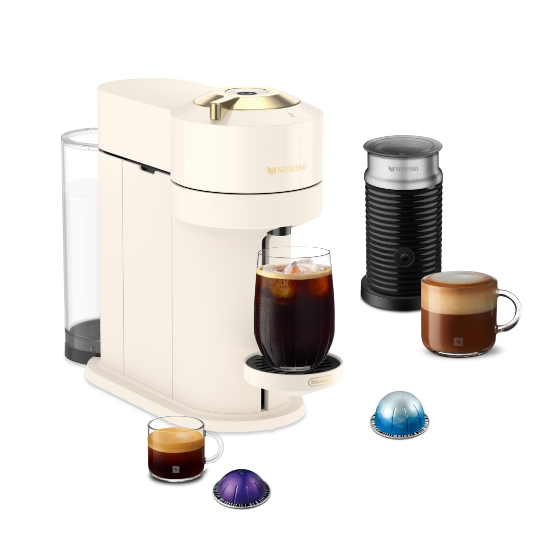 Nespresso Vertuo Next Premium Coffee and Espresso Maker with Aeroccino3 Milk Frother by De'Longhi, Creamy White and Gold