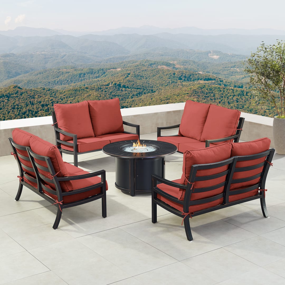 Black Aluminum Patio Fire Table Set with Four Deep Seating Loveseat with Cushions