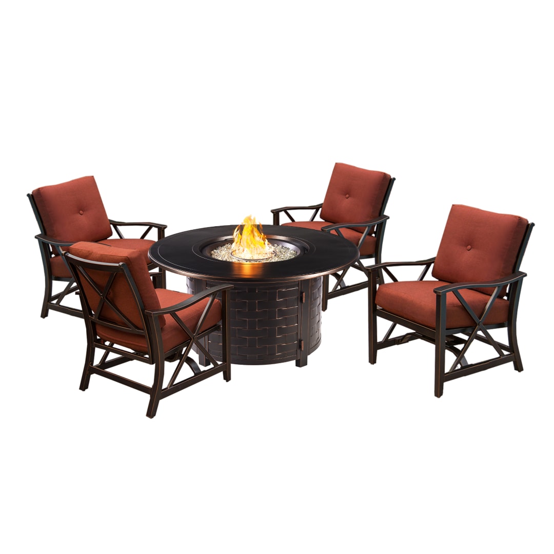 Aluminum 44-in Round Antique Copper Fire Table Set with Four Deep Seating Rocking Chairs, Fire Beads, Lid, Propane Tank Cover and Table Fabric Covers