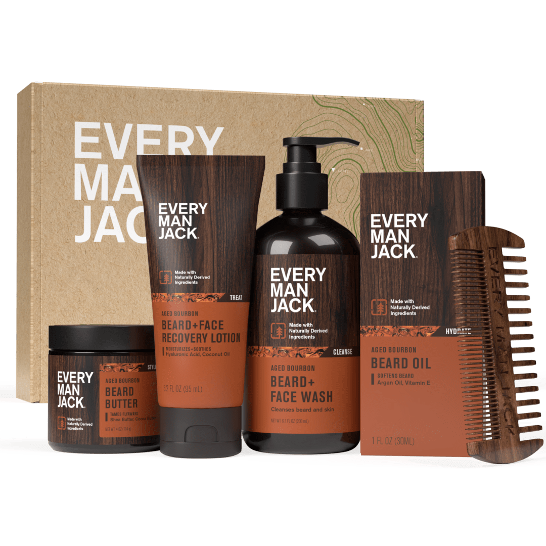 Every Man Jack Beard Essentials Gift Set for Men – Complete Routine with 5 Full-Size Essentials – Aged Bourbon Scent - Beard & Face Wash, Lotion, Oil, Butter & Comb