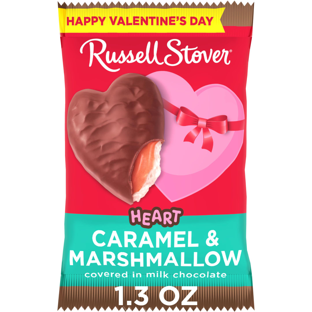 RUSSELL STOVER Valentine's Day Milk Chocolate Caramel & Marshmallow Heart Candy Bar, 1.3 oz.